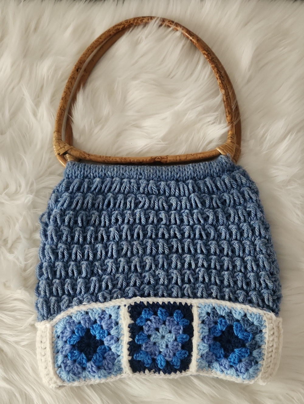 Handmade Crochet Shoulder Bag - Bamboo Handles